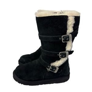 UGG Maddi Tall Kids Boots 4 Black Suede Cozy Winter 1001520 Interior Zip Buckles